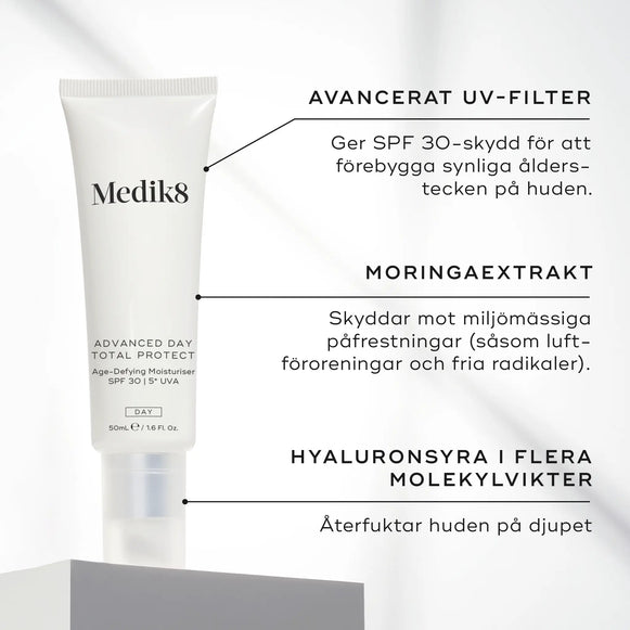 Advanced Day Total Protect med annoteringar om ingredienser som UV-filter, moringaextrakt och hyaluronsyra.-hover-1