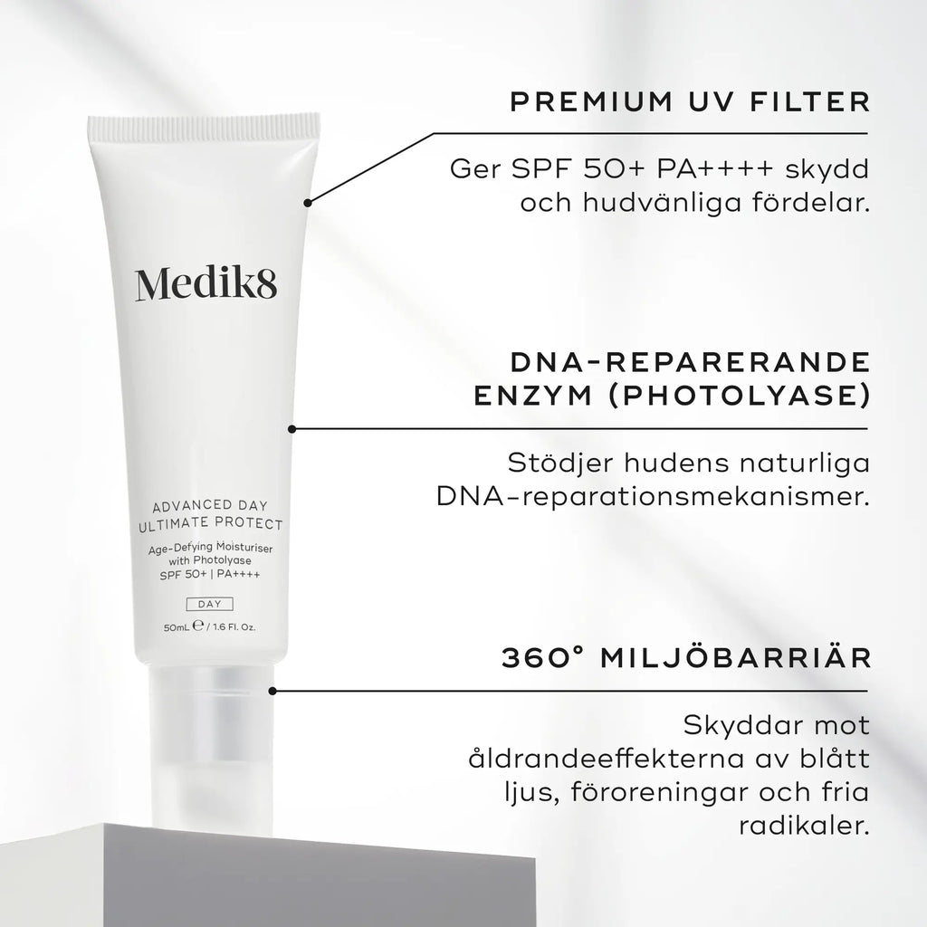 Advanced Day Ultimate Protect med annoteringar om UV-filter, DNA-reparerande enzym och miljöskydd.