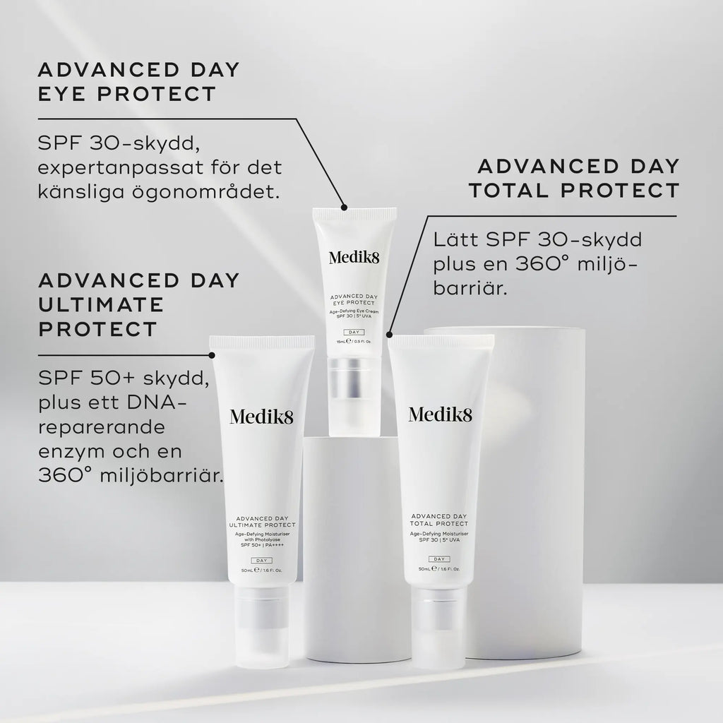 Tre Medik8 solskyddsprodukter: Advanced Day Eye Protect, Total Protect och Ultimate Protect.