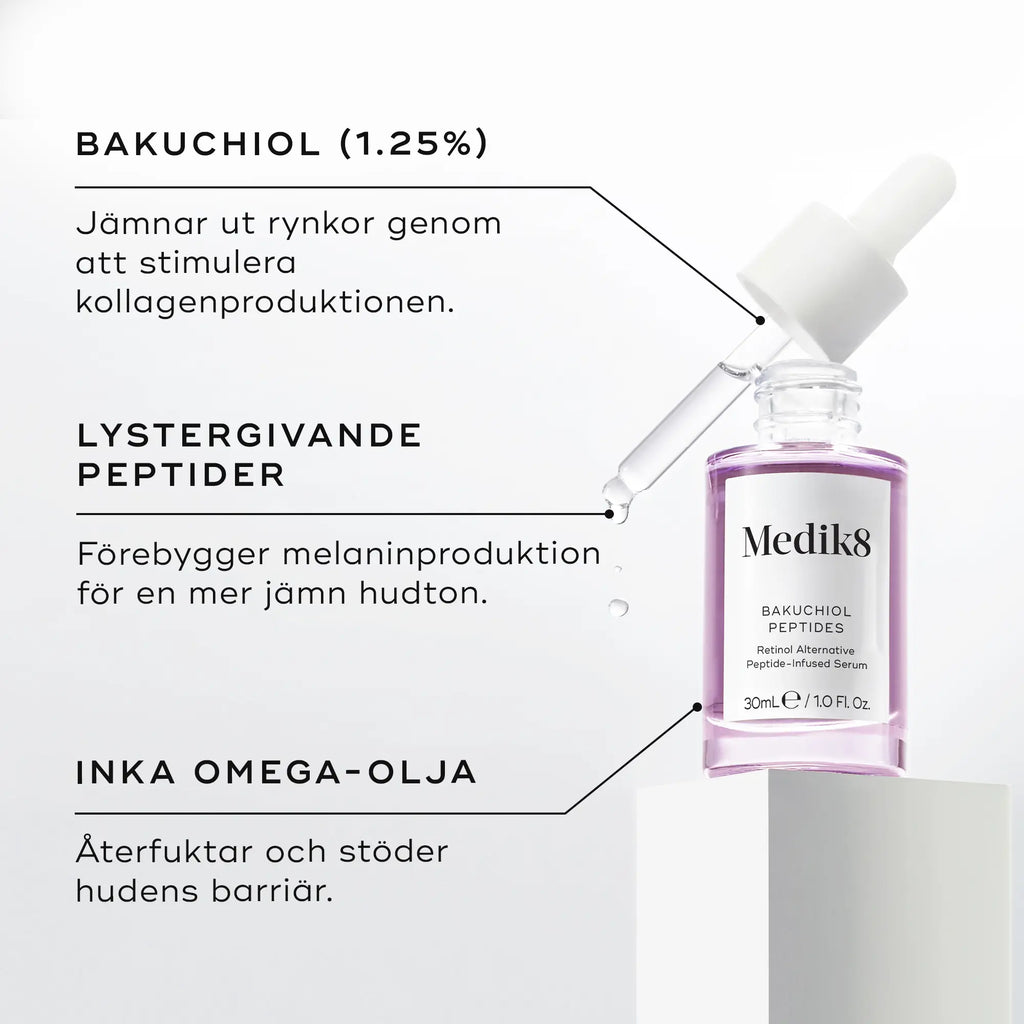 Medik8 Bakuchiol Peptides - närbild som beskriver ingredienser såsom bakuchiol, peptider och omega-olja.