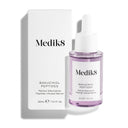Medik8 Bakuchiol Peptides – en genomskinlig glasflaska med lila serum och vit pipettkork, placerad bredvid en vit förpackning med svart text.