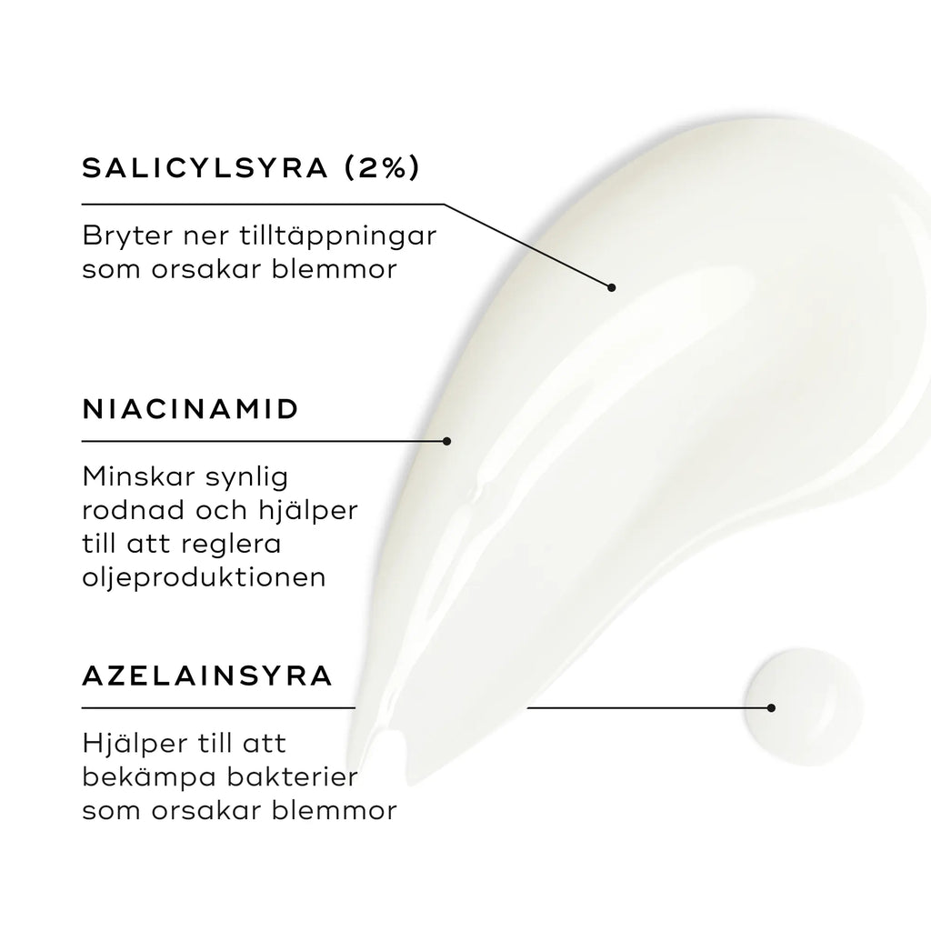 Ingredienser i Medik8 Blemish SOS Rapid Action Target Gel, inklusive salicylsyra, niacinamid och azelainsyra.