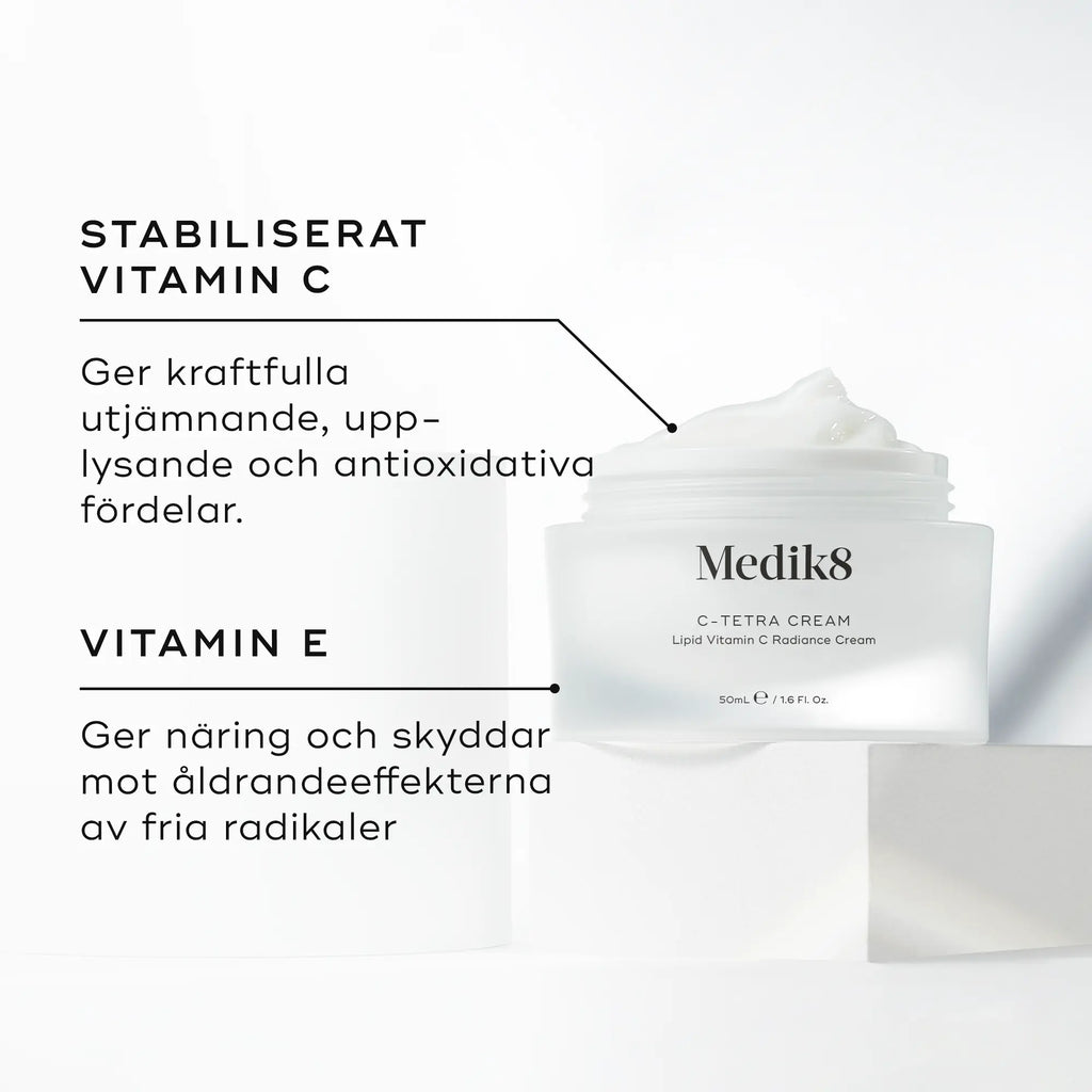 Medik8 C-Tetra Cream med text om vitamin C och E samt deras hudfördelar.