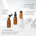 En samling av C-Tetra-produkter från Medik8 inklusive serum, ögonkräm och ansiktskräm.
