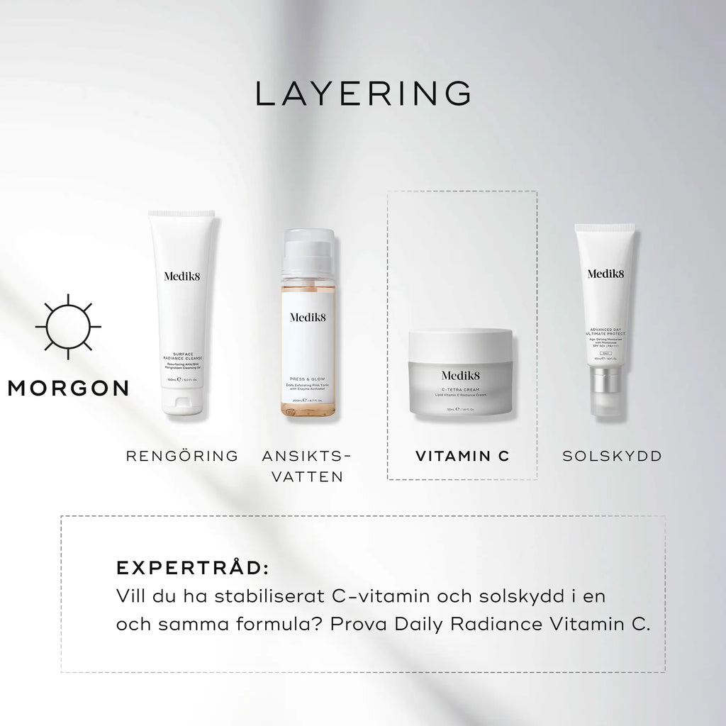Hur man använder Medik8 C-Tetra Cream i hudvårdsrutinen, med andra rekommenderade produkter.