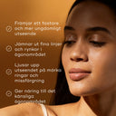 Närbild på en kvinna med C-Tetra Eye-produkt applicerad under ögat, med fördelarna listade bredvid.