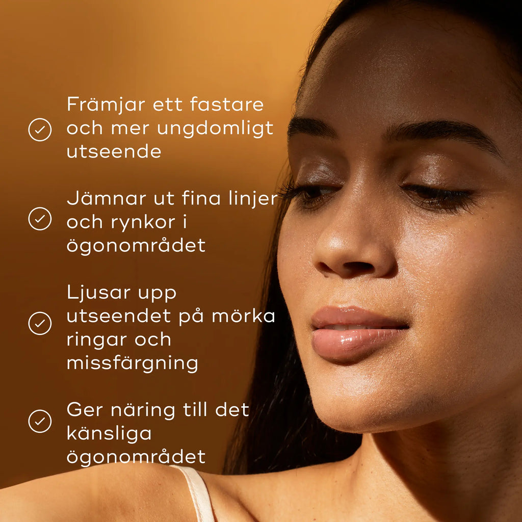 Närbild på en kvinna med C-Tetra Eye-produkt applicerad under ögat, med fördelarna listade bredvid.