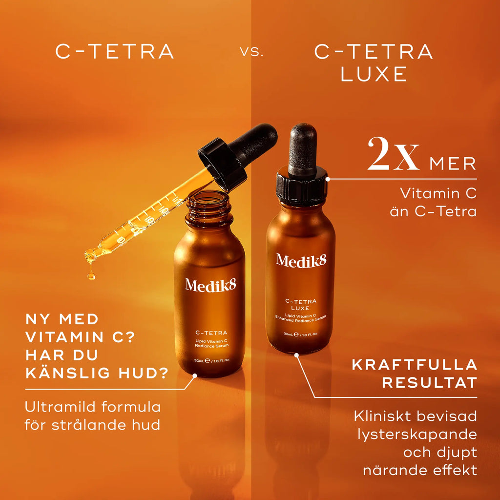 Jämförelse mellan Medik8 C-Tetra och C-Tetra Luxe, visar skillnader i vitamin C-koncentration och fördelar.