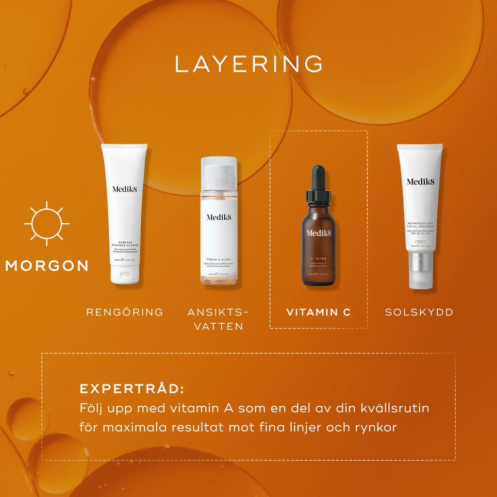 Produktbild med 'How to layer'-guide, visar C-Tetra serum som en del av en morgonrutin för bästa resultat.