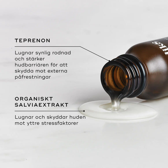 Närbild på Medik8 Calmwise Serum med öppnad flaska och beskrivning av ingredienserna teprenon och salviaextrakt.-hover-6