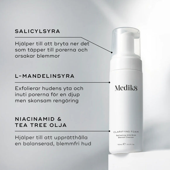 Medik8 Clarifying Foam med ingredienser markerade: salicylsyra, l-mandelic syra, niacinamid och tea tree-olja.-hover-39
