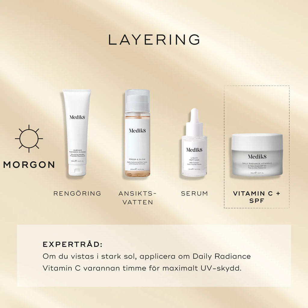 Steg för steg-guide för hur man applicerar Daily Radiance Vitamin C i morgonrutinen.