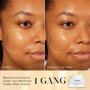 Före- och efterbild av en kvinnas kind som visar ökad lyster och återfuktning efter en applicering av Medik8 Daily Radiance Vitamin C. En burk med produkten syns längst ner i bilden.