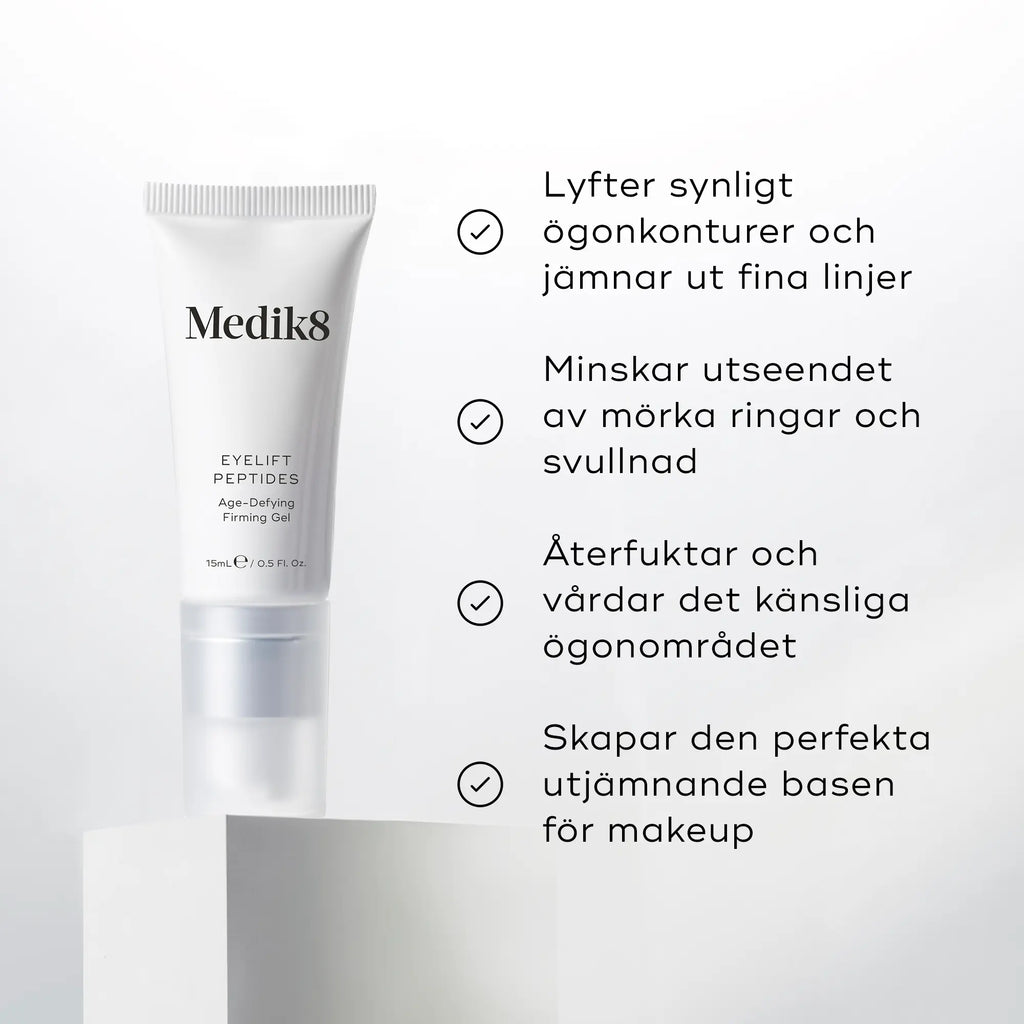 Medik8 Eyelift Peptides tub och produktfördelar, inklusive att reducera fina linjer och puffighet.