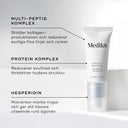 Medik8 Eyelift Peptides med markeringar av viktiga ingredienser som multi-peptidkomplex, proteinkomplex och hesperidin.