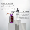 Jämförelsebild mellan Hydr8 B5 och Hydr8 B5 Intense, med information om skillnaderna i återfuktande egenskaper och lämplighet för olika hudtyper.