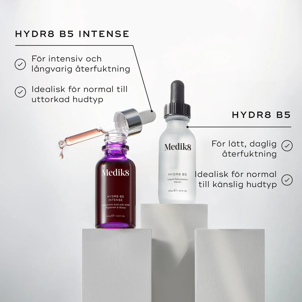 Jämförelsebild mellan Hydr8 B5 och Hydr8 B5 Intense, med information om skillnaderna i återfuktande egenskaper och lämplighet för olika hudtyper.