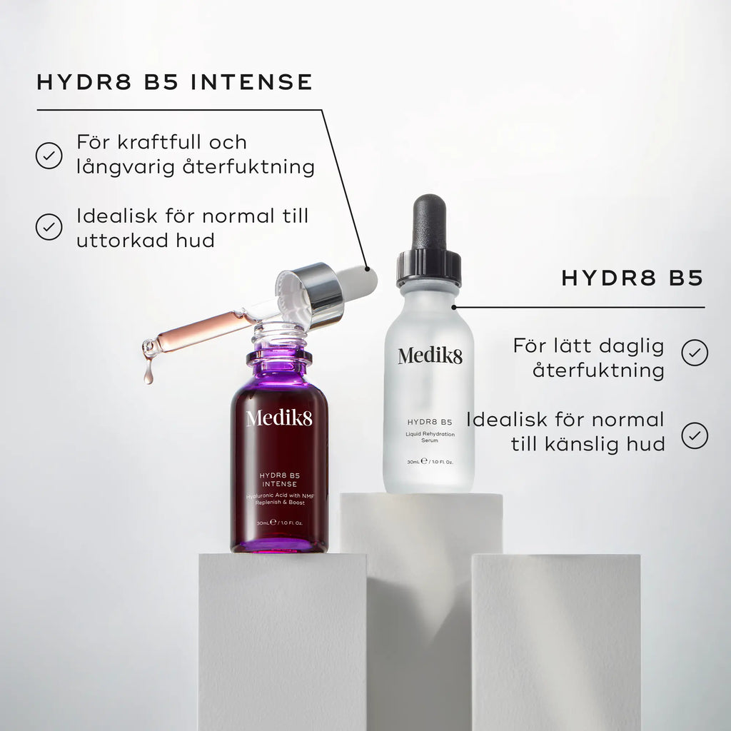 Jämförelsebild mellan Hydr8 B5 och Hydr8 B5 Intense, där båda produkterna visas sida vid sida med förklaringar av deras återfuktande egenskaper.