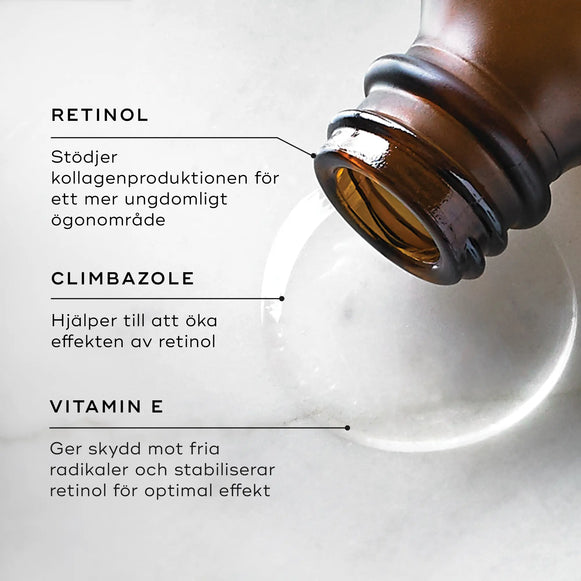 Närbild på serumflaskan liggandes med droppar bredvid, där ingredienser som retinol, climbazole och vitamin E beskrivs.-hover-46