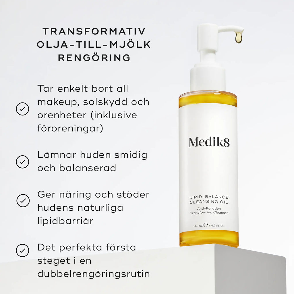 Bild av Lipid-Balance Cleansing Oil med en lista över fördelarna, som att effektivt ta bort makeup och stödja hudens naturliga lipidbarriär.