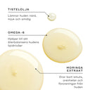 Närbild av oljedroppar som illustrerar ingredienser som safflorolja, omega-6 och moringaextrakt, som hjälper till att vårda huden.