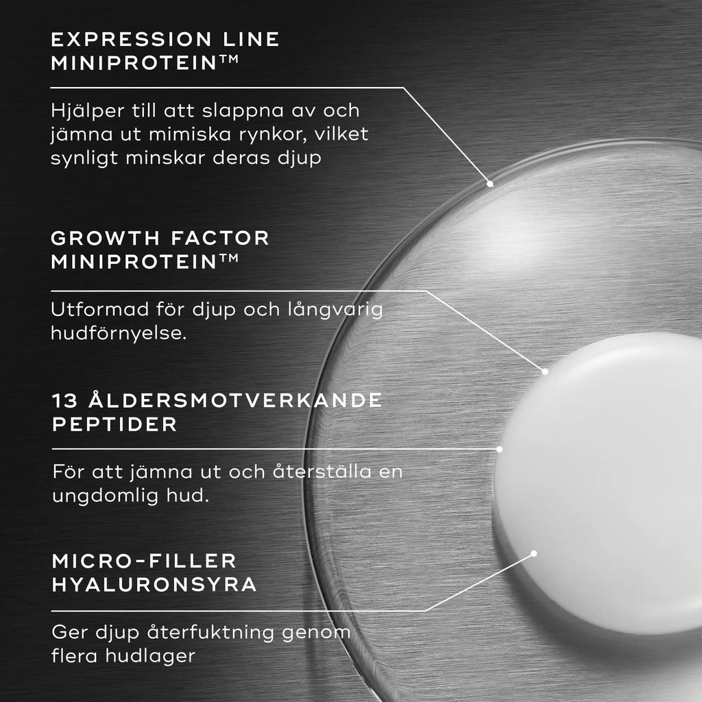 Närbild på Medik8 Liquid Peptides Advanced MP:s aktiva ingredienser, inklusive expression line miniprotein, growth factor miniprotein, 13 åldersmotverkande peptider och micro-filler hyaluronsyra. Bakgrunden har en metallisk struktur.