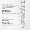 Närbild på bubblor och serum där ingredienser som Matrixyl 3000, Drone-Targeted Copper Peptide, Carnosine och Expression Line Peptide beskrivs.