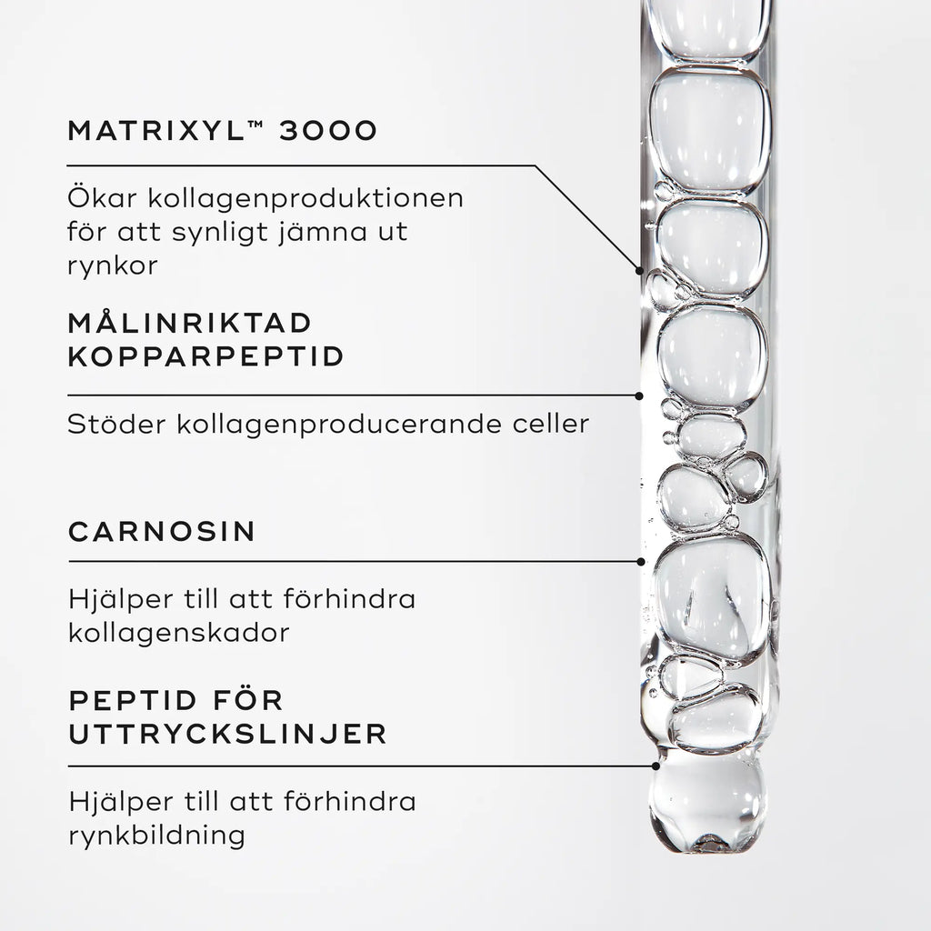 Närbild på bubblor och serum där ingredienser som Matrixyl 3000, Drone-Targeted Copper Peptide, Carnosine och Expression Line Peptide beskrivs.