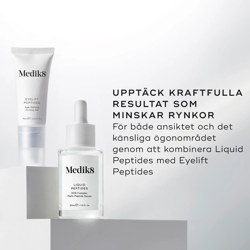 Bild som visar hur Liquid Peptides används i både morgon- och kvällsrutin, tillsammans med andra Medik8-produkter.