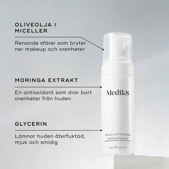 Produktbild av Medik8 Micellar Mousse, där viktiga ingredienser som olivoljebaserade miceller, moringaextrakt och glycerin framhävs med deras fördelar för huden.-hover-26