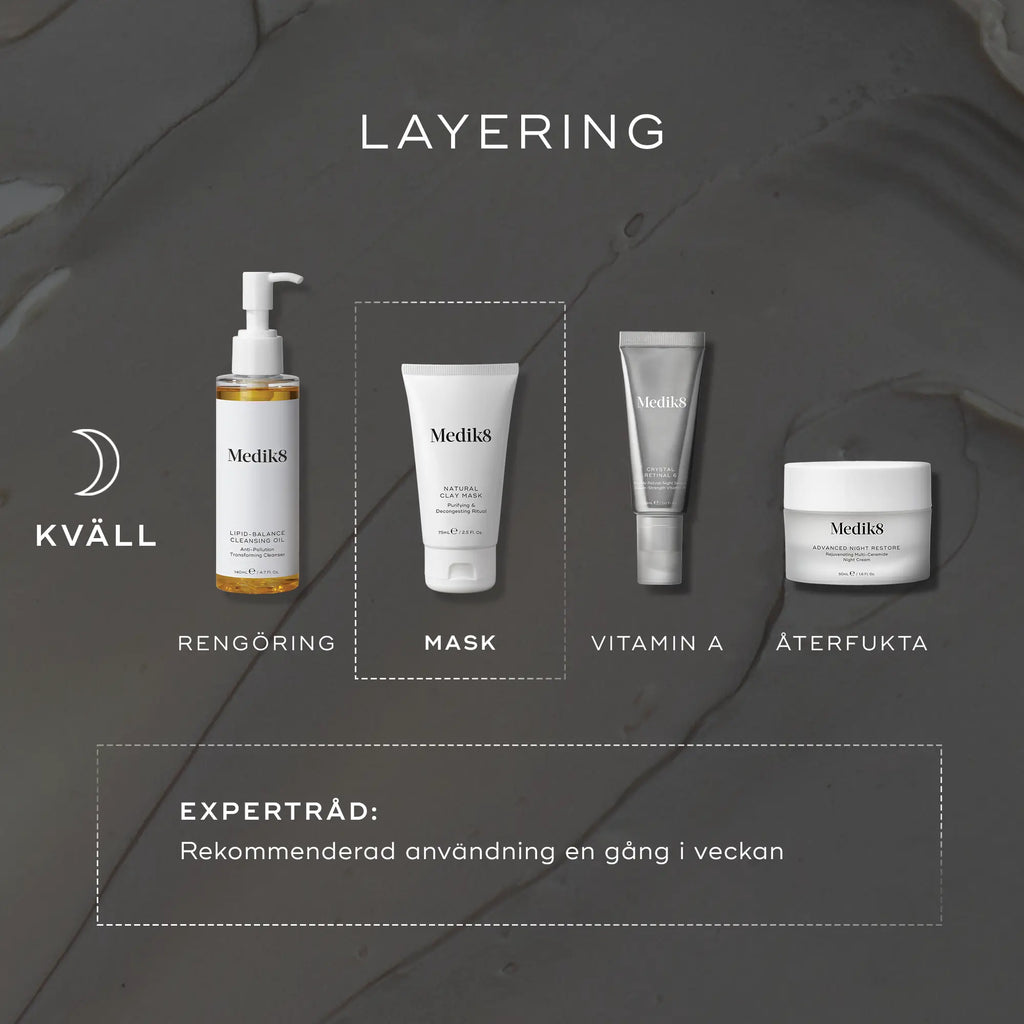 Bild som visar hur man ska använda Natural Clay Mask i en hudvårdsrutin under natten.