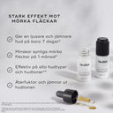 Produktbild av Medik8 Oxy-R Peptides med text om produktens effekt på mörka fläckar, med två vita flaskor och en pipett i bakgrunden.