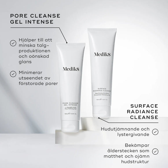 Produktbild som visar Medik8 Pore Cleanse Gel Intense tillsammans med Surface Radiance Cleanse, med text om skillnaderna mellan produkterna.-hover-20