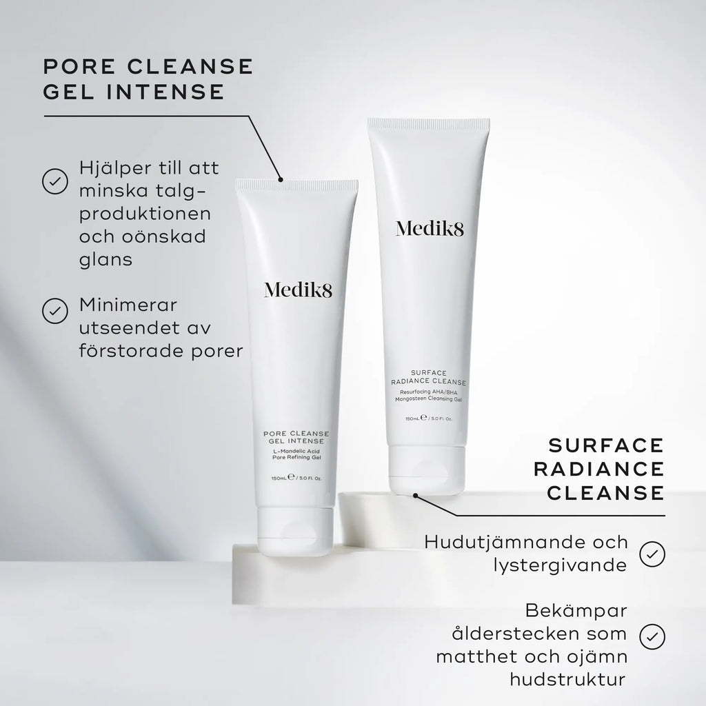 Produktbild som visar Medik8 Surface Radiance Cleanse tillsammans med Pore Cleanse Gel Intense, med text om skillnaderna mellan produkterna.