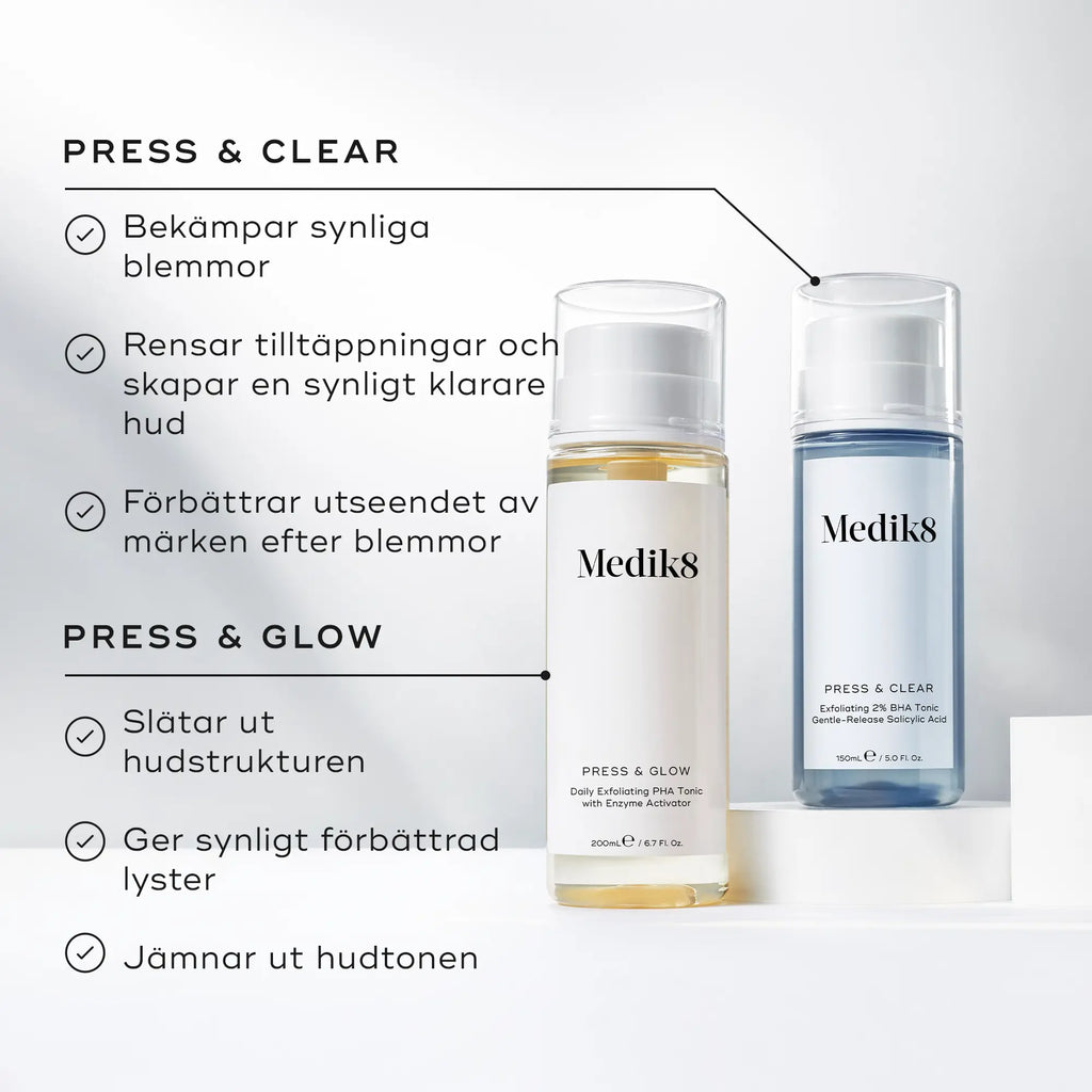 Bild som visar skillnader mellan Medik8 Press & Clear och Press & Glow, med text om deras respektive fördelar.