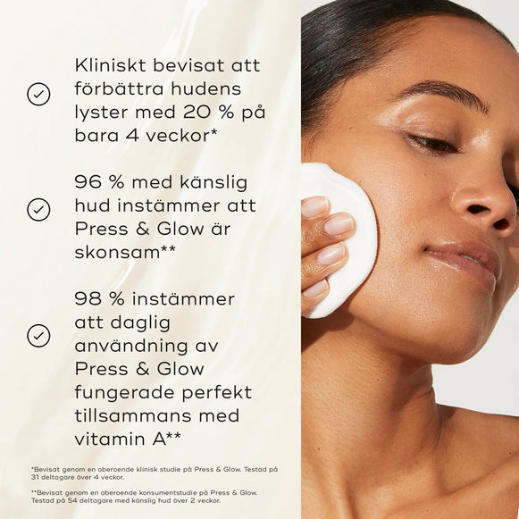 Bild av Medik8 Press & Glow där en person applicerar produkten med en bomullsrondell, med text om produktens bevisade resultat.-hover-8