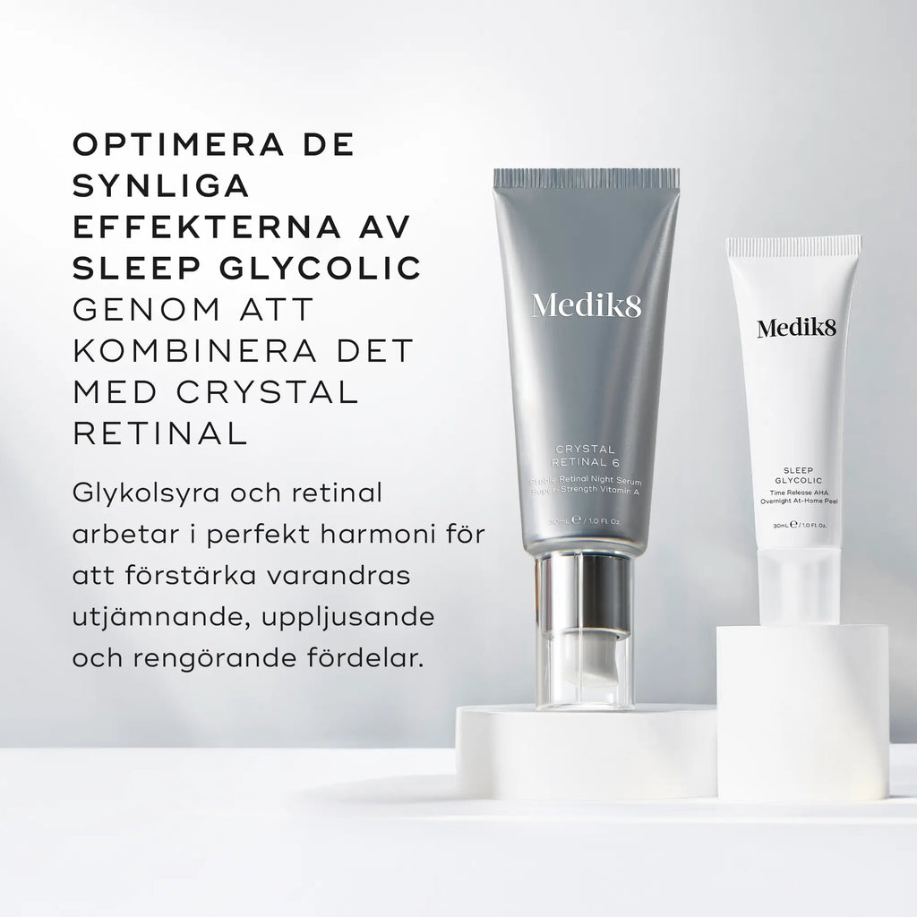 Bild som visar kombinationen av Medik8 Sleep Glycolic och Crystal Retinal för maximala synliga resultat, med text om deras gemensamma fördelar.
