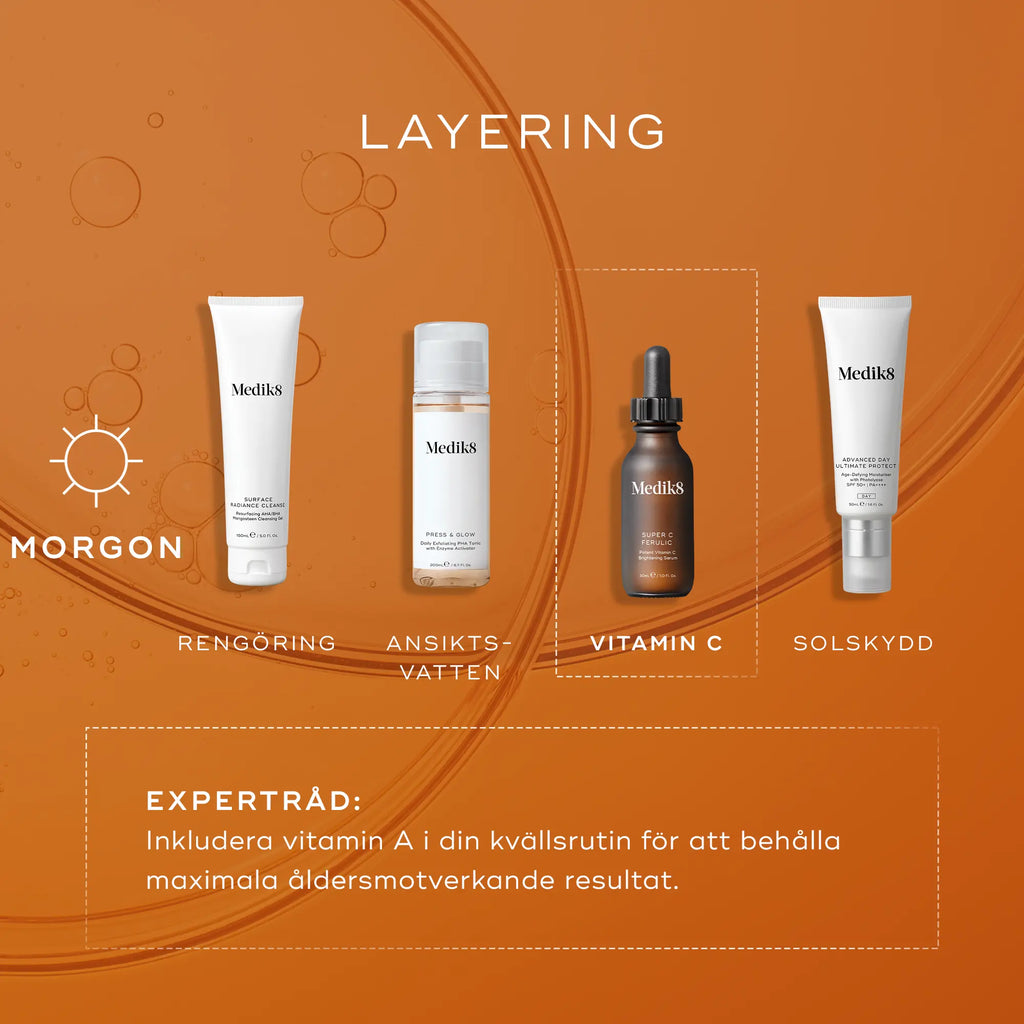 Bild som visar hur man använder Medik8 Super C Ferulic som en del av morgonrutinen tillsammans med andra produkter.