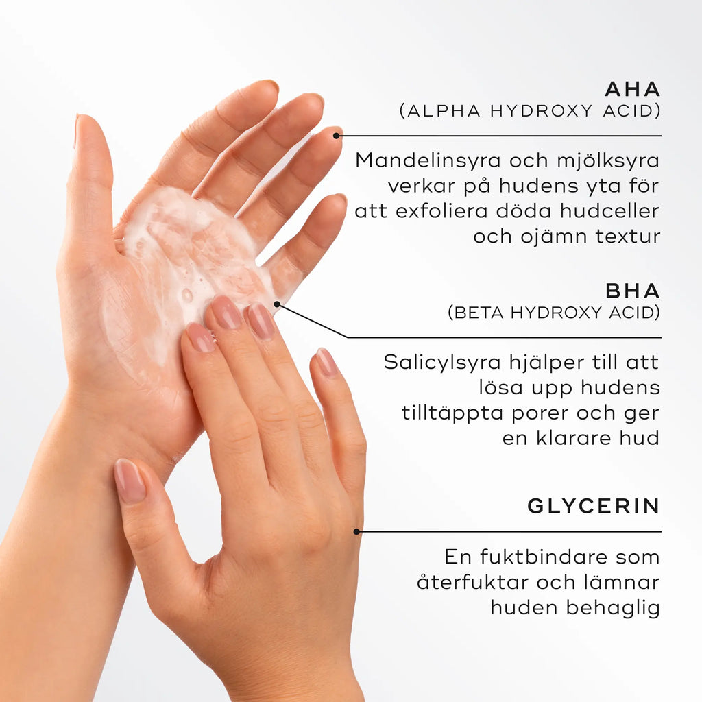 Bild som visar ingredienserna i Medik8 Surface Radiance Cleanse, inklusive AHA och BHA som exfolierar och förbättrar hudens textur.