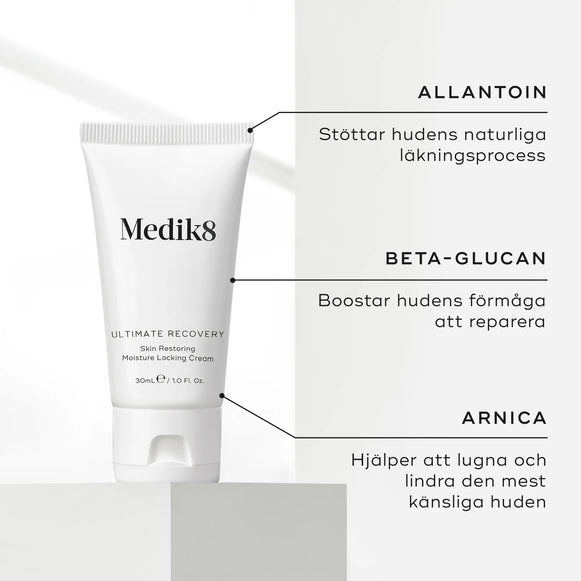 Bild som visar de aktiva ingredienserna i Medik8 Ultimate Recovery, inklusive allantoin, beta-glukan och arnica.-hover-14