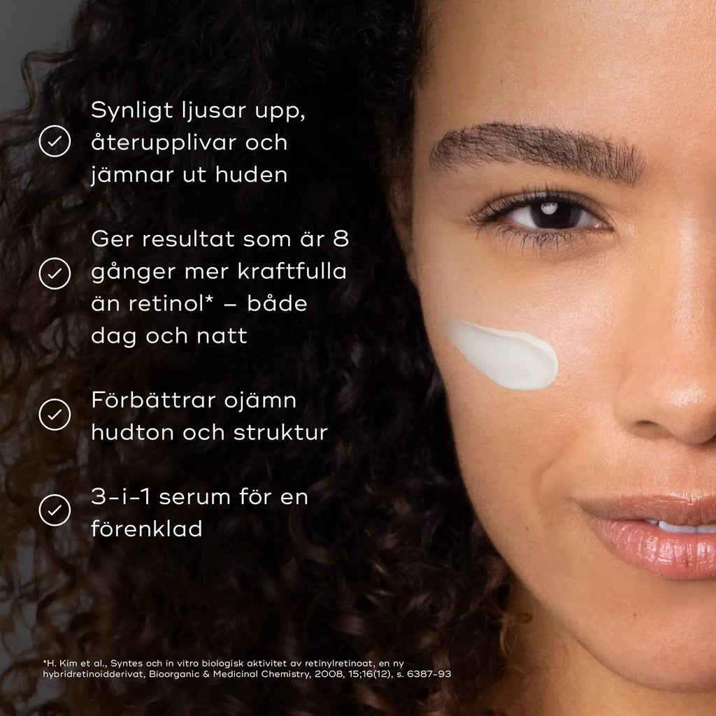 Bild av Medik8 r-Retinoate Day & Night där en person applicerar produkten på huden, med text om produktens fördelar, inklusive dess effektivitet och föryngrande effekter.