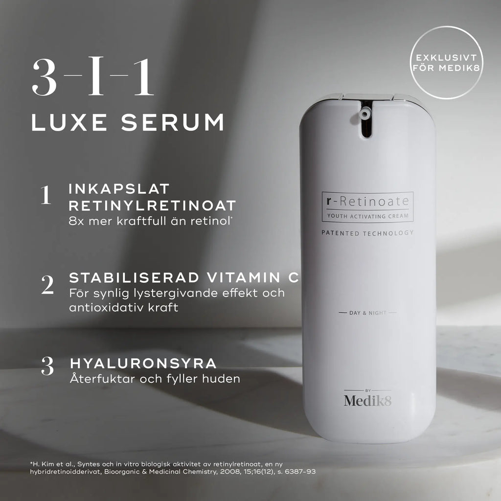 Bild som visar de tre huvudingrediensena i Medik8 r-Retinoate Day & Night: inkapslad retinyl retinoate, stabiliserat vitamin C och hyaluronsyra.