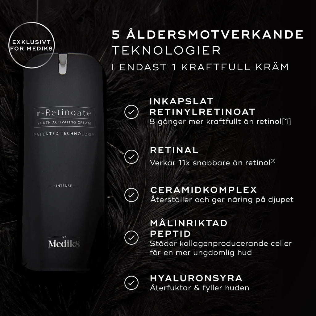 Bild som lyfter fram fem åldersbekämpande teknologier i Medik8 r-Retinoate Intense, inklusive retinyl retinoate och ceramide-komplex.