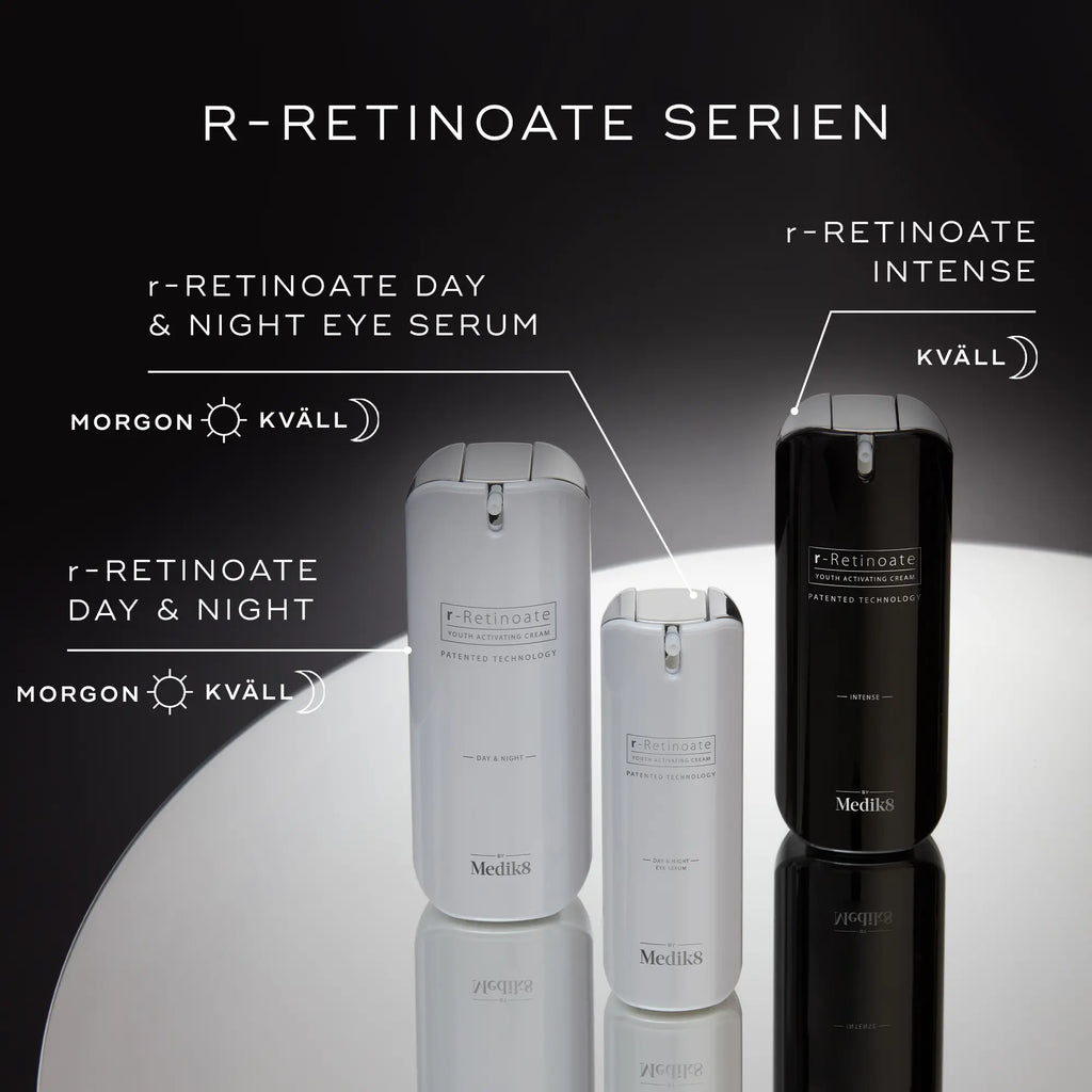 Bild som visar hela r-Retinoate-serien, inklusive r-Retinoate Day & Night, r-Retinoate Intense och r-Retinoate Day & Night Eye Serum.