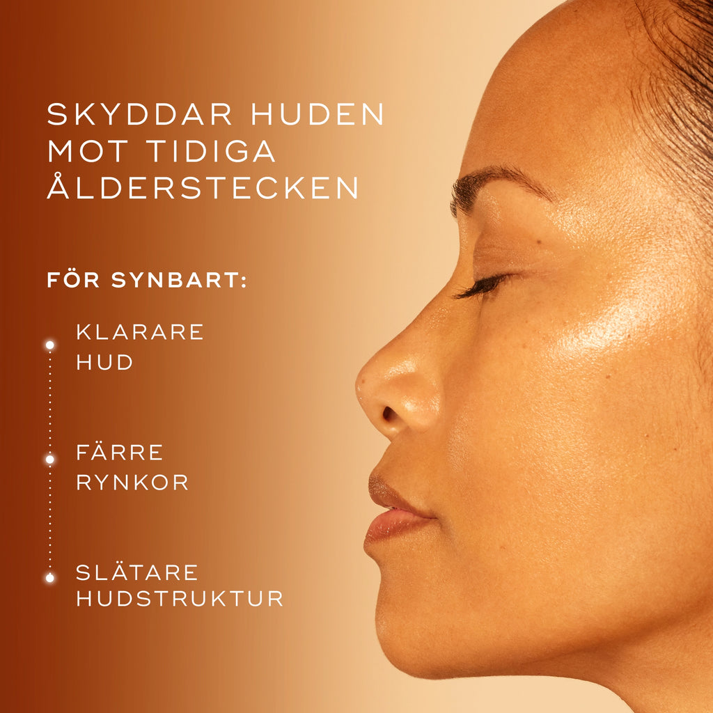 Kvinna i profil med slät och klar hud, illustrerar att C-Tetra Advanced skyddar mot tidiga ålderstecken.