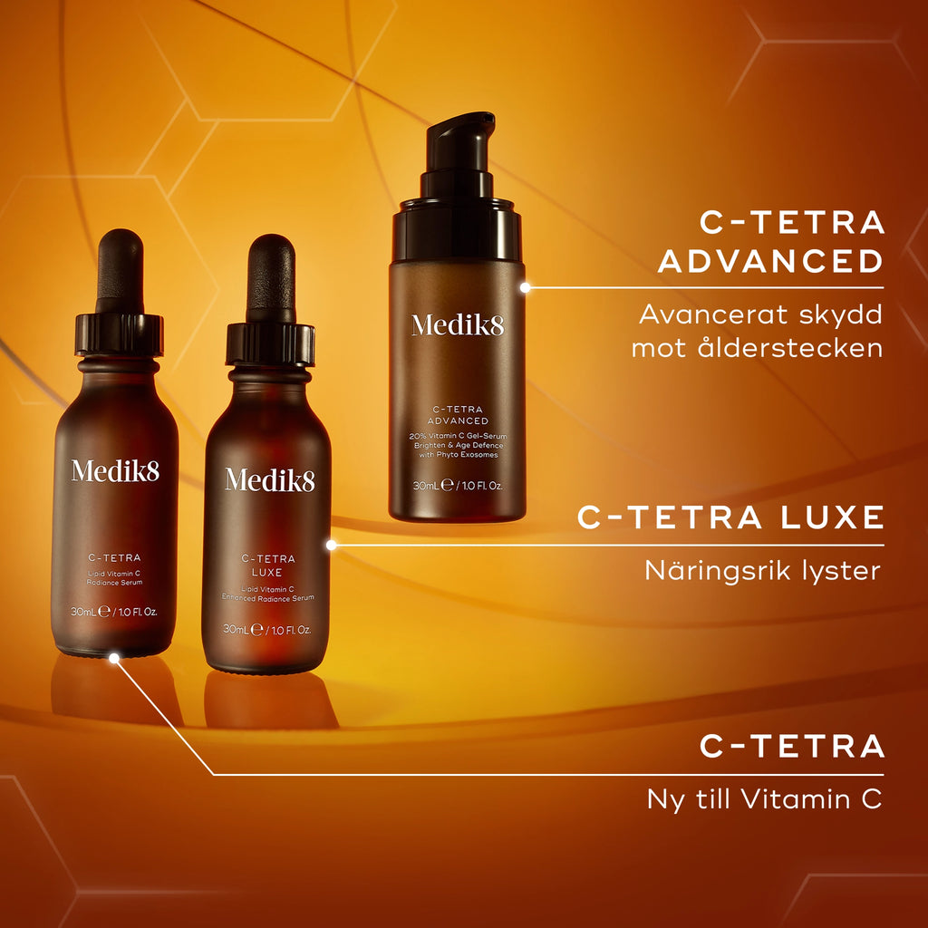 Jämförelse av Medik8 C-Tetra-serum: C-Tetra, C-Tetra Luxe och C-Tetra Advanced med olika skydd och lyster.