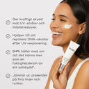 Modell med Advanced Day Ultimate Protect, med text om dess skyddande och reparerande egenskaper mot UV-strålning.