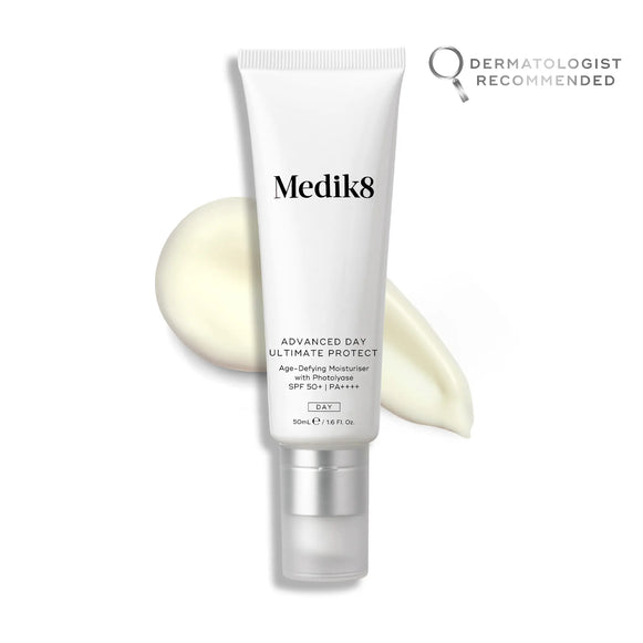 Medik8 Advanced Day Ultimate Protect, anti-aging dagkräm med SPF 50+, applicerad kräm bakom produkten.-3