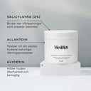 Ingrediensöversikt för Medik8 Blemish Control Pads, inklusive salicylsyra, allantoin och glycerin för att stödja hudens hälsa.
