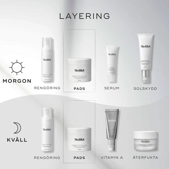 Illustration av hur man använder Medik8 Blemish Control Pads som en del av en hudvårdsrutin för att tona huden.-hover-2